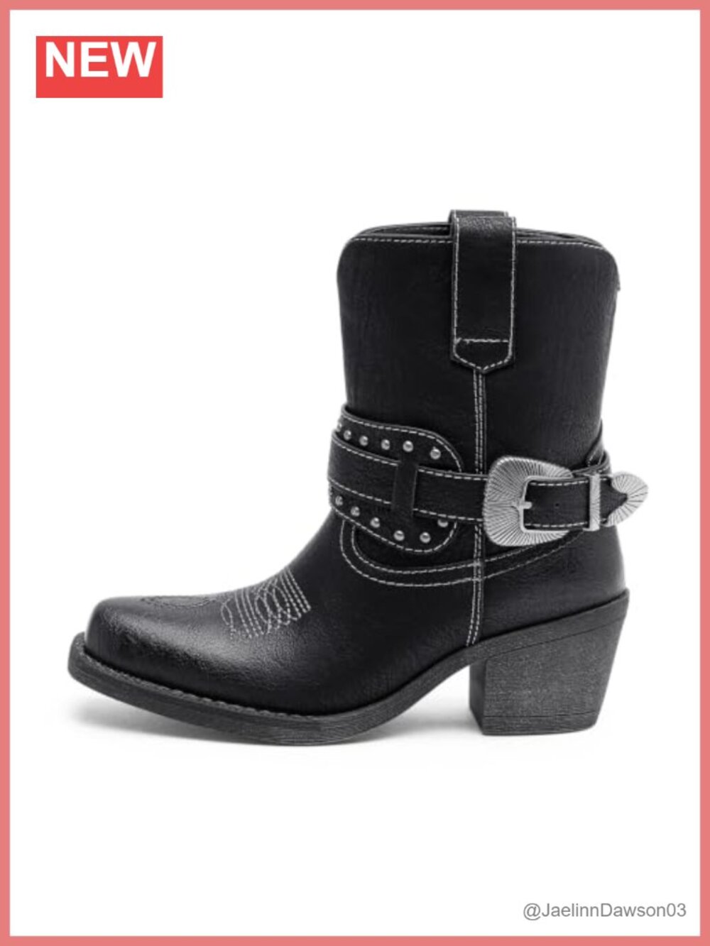 Western Ankle Boots Faux Leather Square Toe Chunky Block Heel Booties